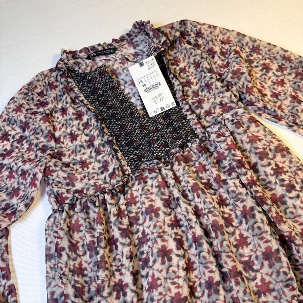 Zara XS Floral Babydoll Mini Dress Boho Cottagecore Smocked Tier  Festival fairy - Picture 11 of 16